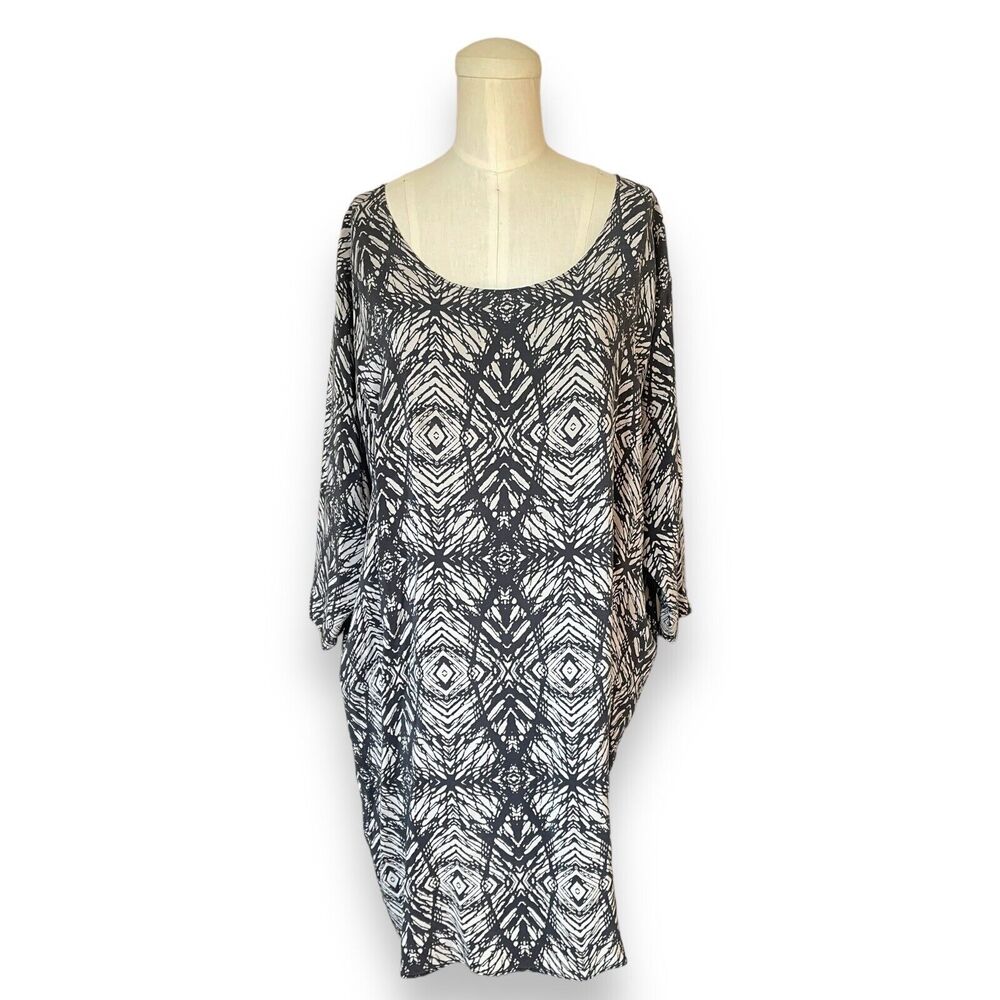 H. Fredriksson Silk Grey Black Abstract Tunic Blouse 3/4 Sleeves Gray Size Large - Picture 1 of 6